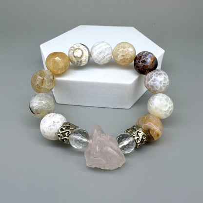Dragon vein agate beaded bracelet, 18cm, beige-brown patterned gemstone beads with carved rose quartz focus stone and silver accents on elastic stretch band.