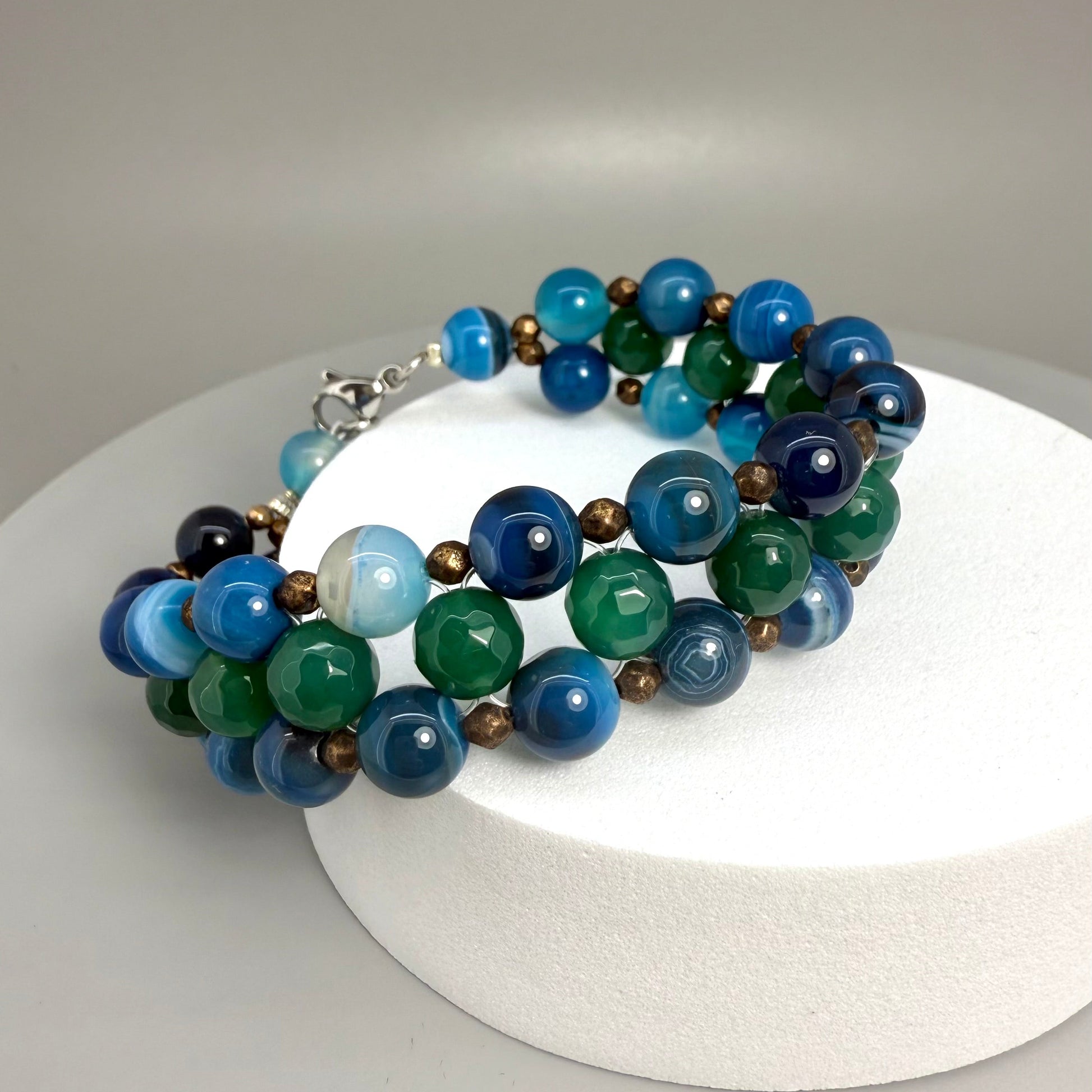 Natural Agate Beaded Bracelet with round polished gemstone beads, handmade gemstone jewelry