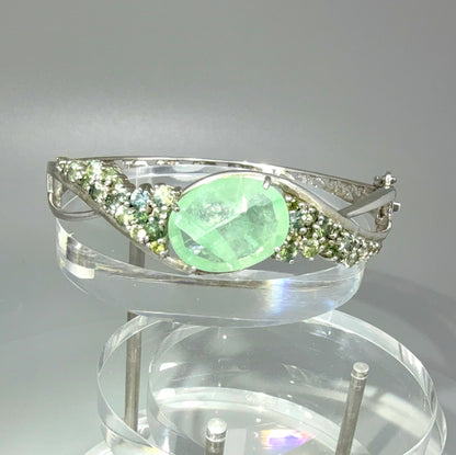Fluorite and sapphire silver bangle plated in white gold