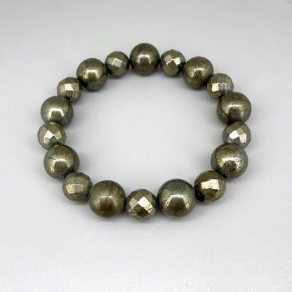 Pyrite beaded bracelet, 20cm, metallic golden-grey gemstone beads on elastic stretch band.