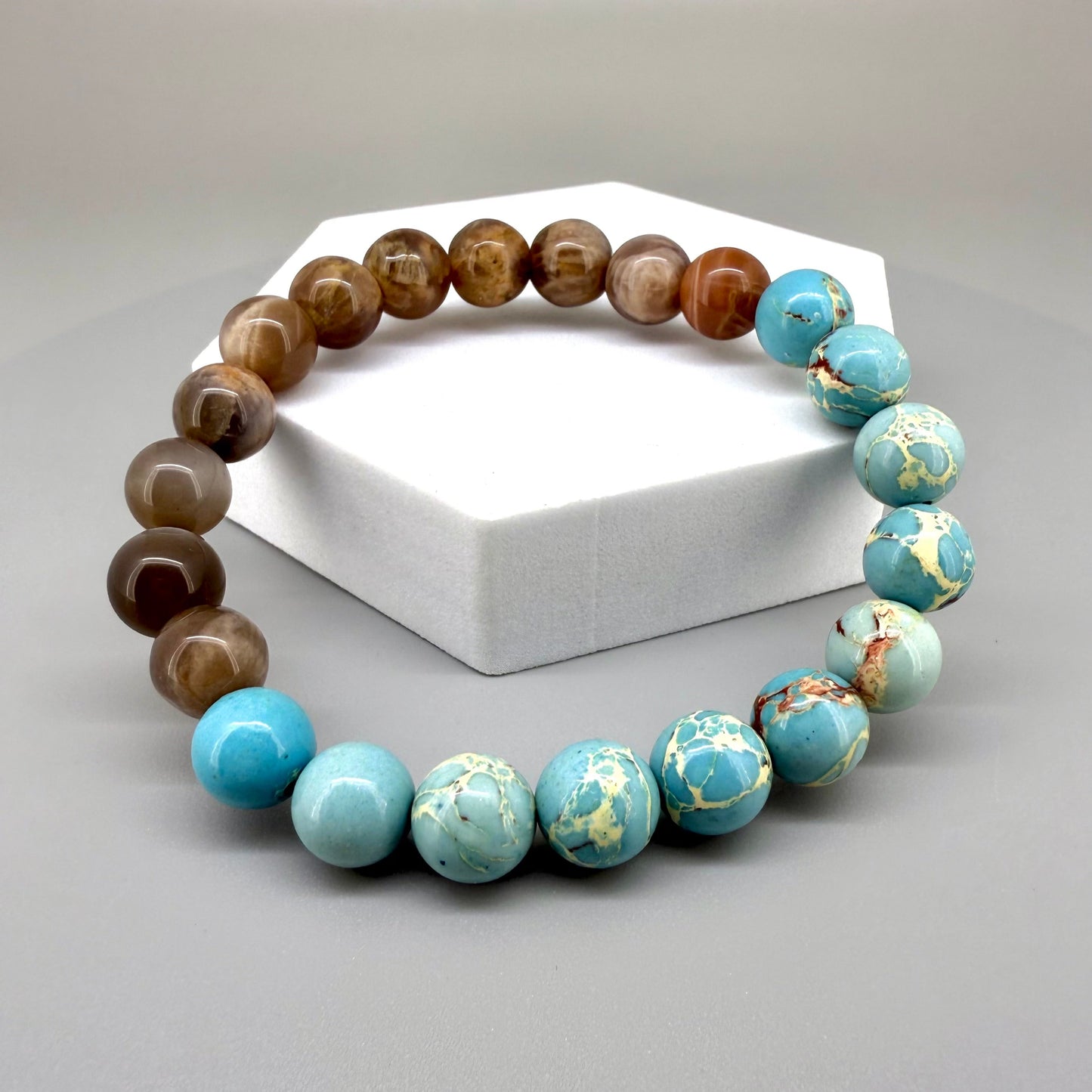 Varescite and moonstone beaded bracelet, 21cm, turquoise-green and brown gemstone beads with shimmering white moonstone on elastic stretch band.