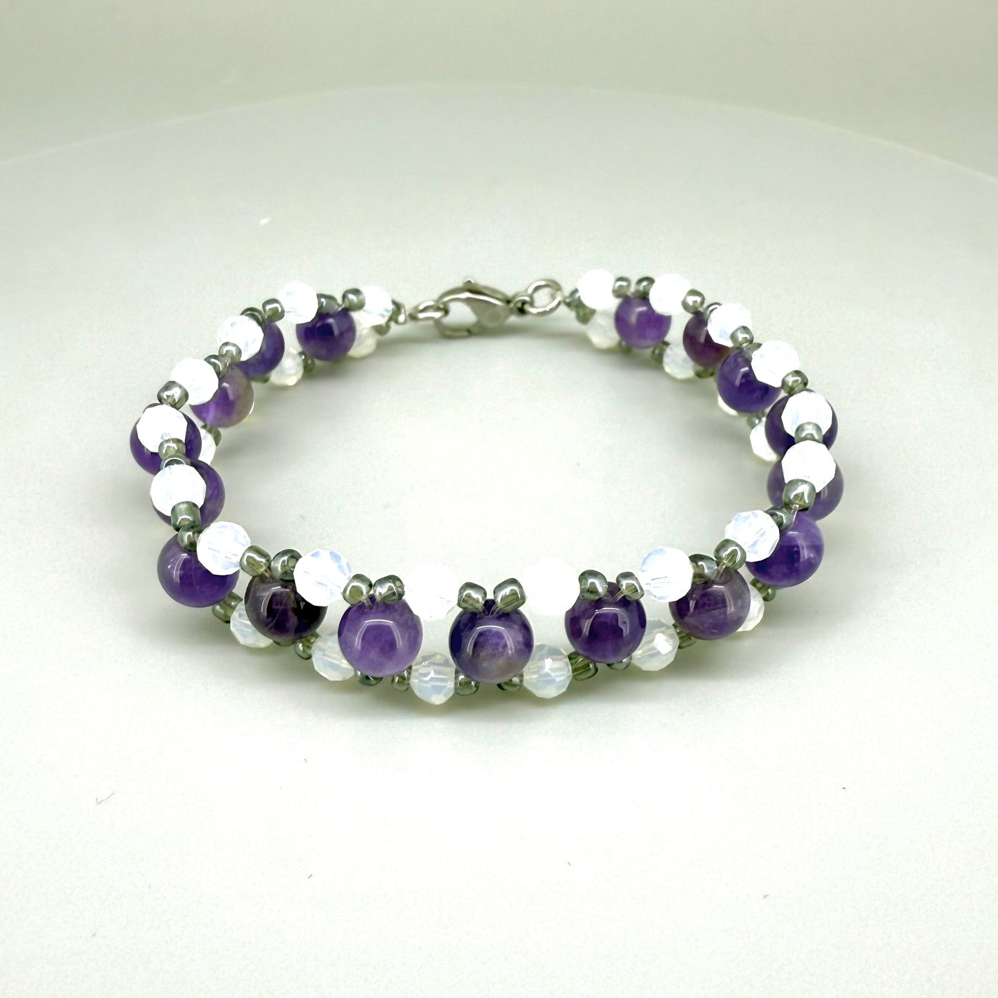 Natural Amethyst & Opal Beaded Bracelet with round polished gemstone beads, handmade gemstone jewelry