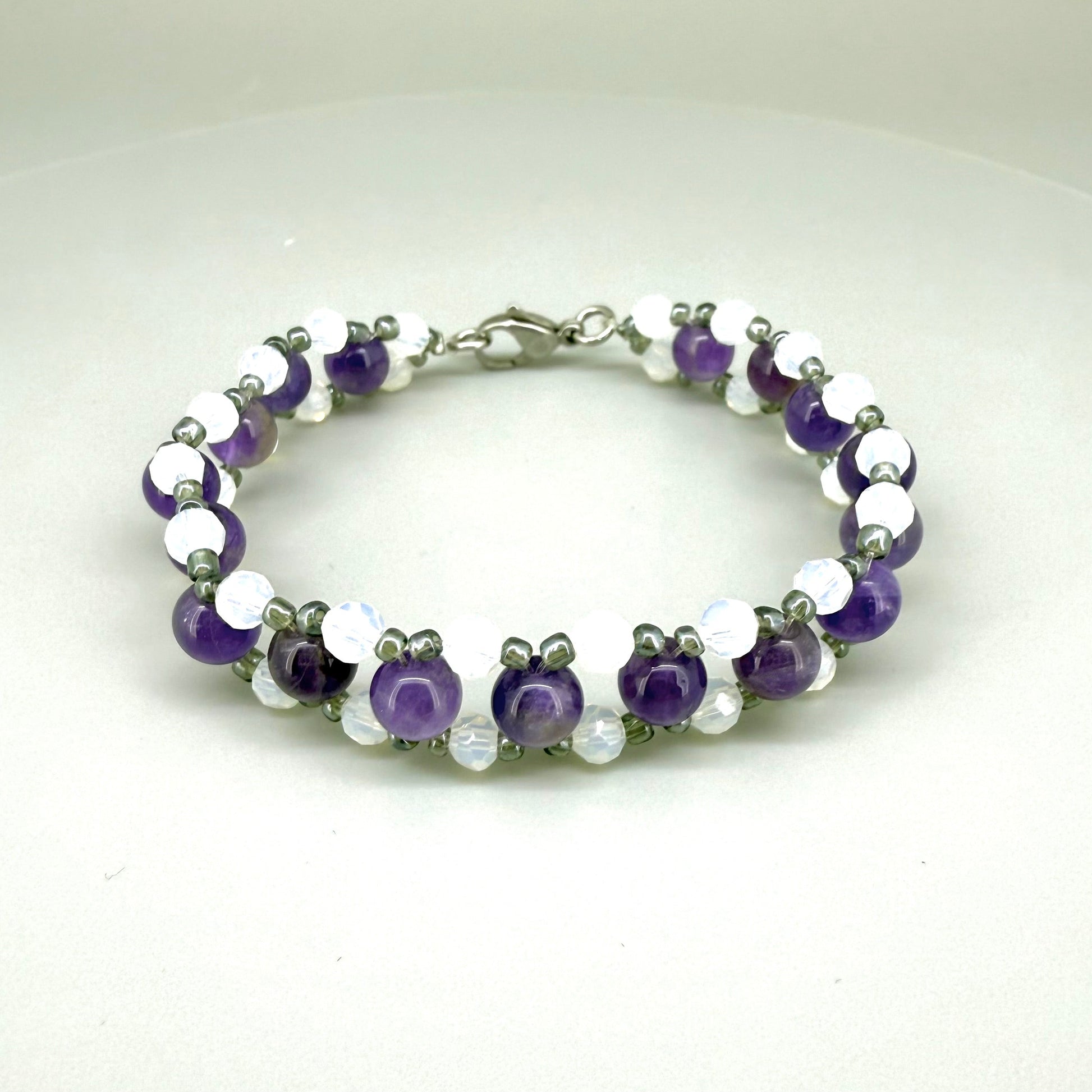Natural Amethyst & Opal Beaded Bracelet with round polished gemstone beads, handmade gemstone jewelry