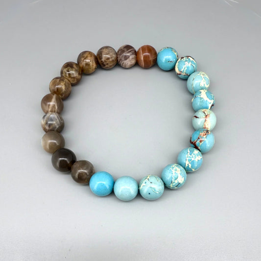 Varescite and moonstone beaded bracelet, 21cm, turquoise-green and brown gemstone beads with shimmering white moonstone on elastic stretch band.