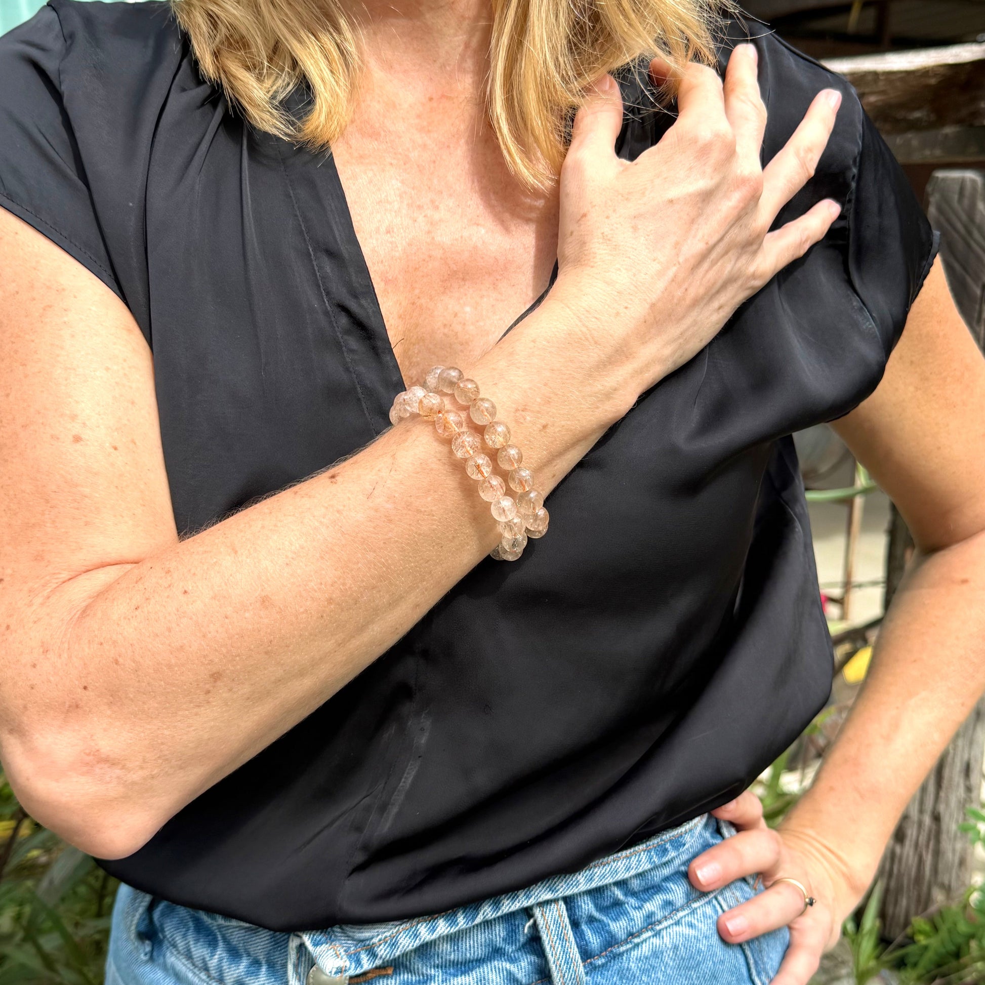 Natural rutilated quartz beaded bracelet