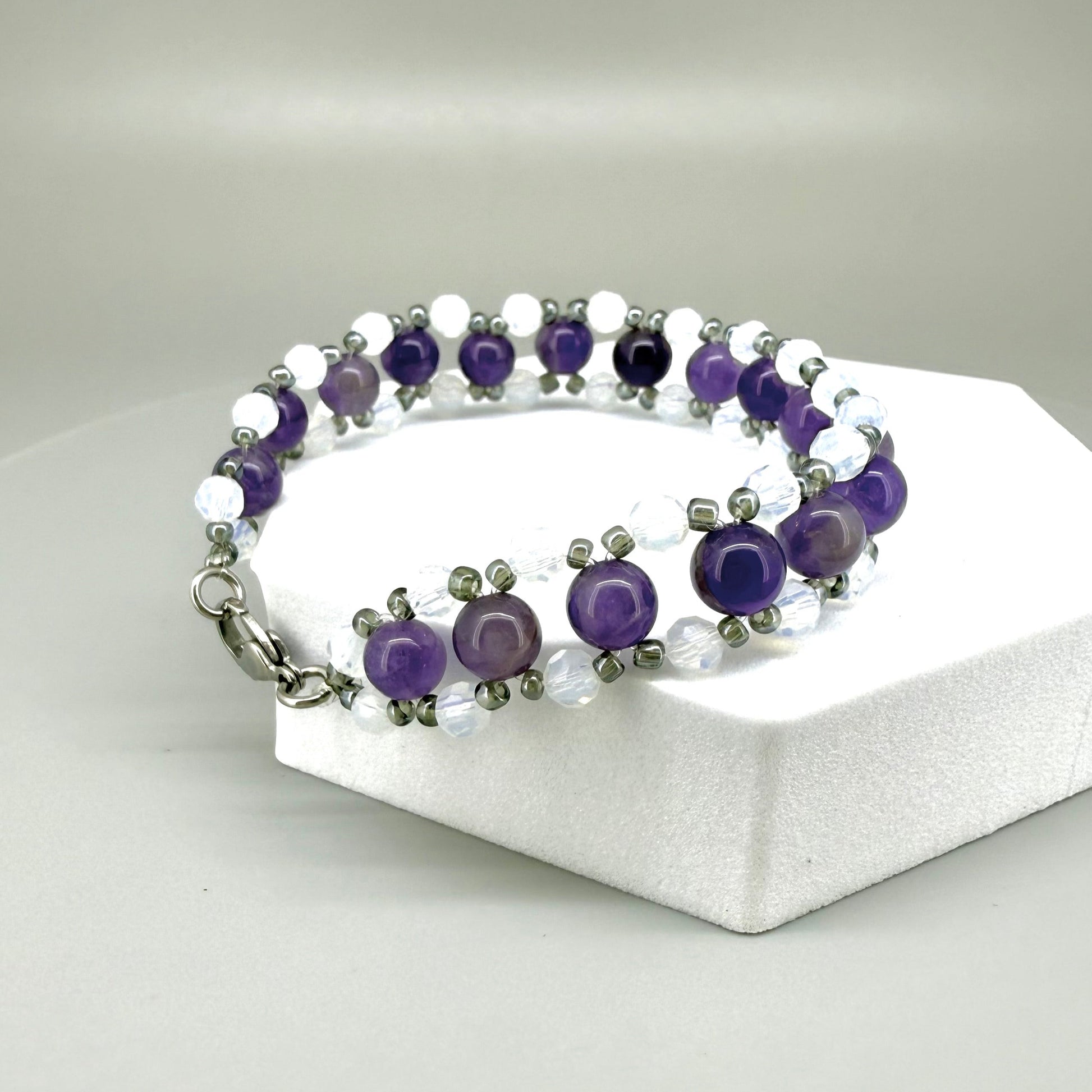 Natural Amethyst & Opal Beaded Bracelet with round polished gemstone beads, handmade gemstone jewelry