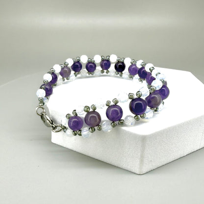 Natural Amethyst & Opal Beaded Bracelet with round polished gemstone beads, handmade gemstone jewelry