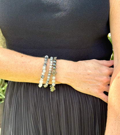 Jasper beaded bracelet, natural grey, black, and white marbled gemstone beads on elastic stretch band.