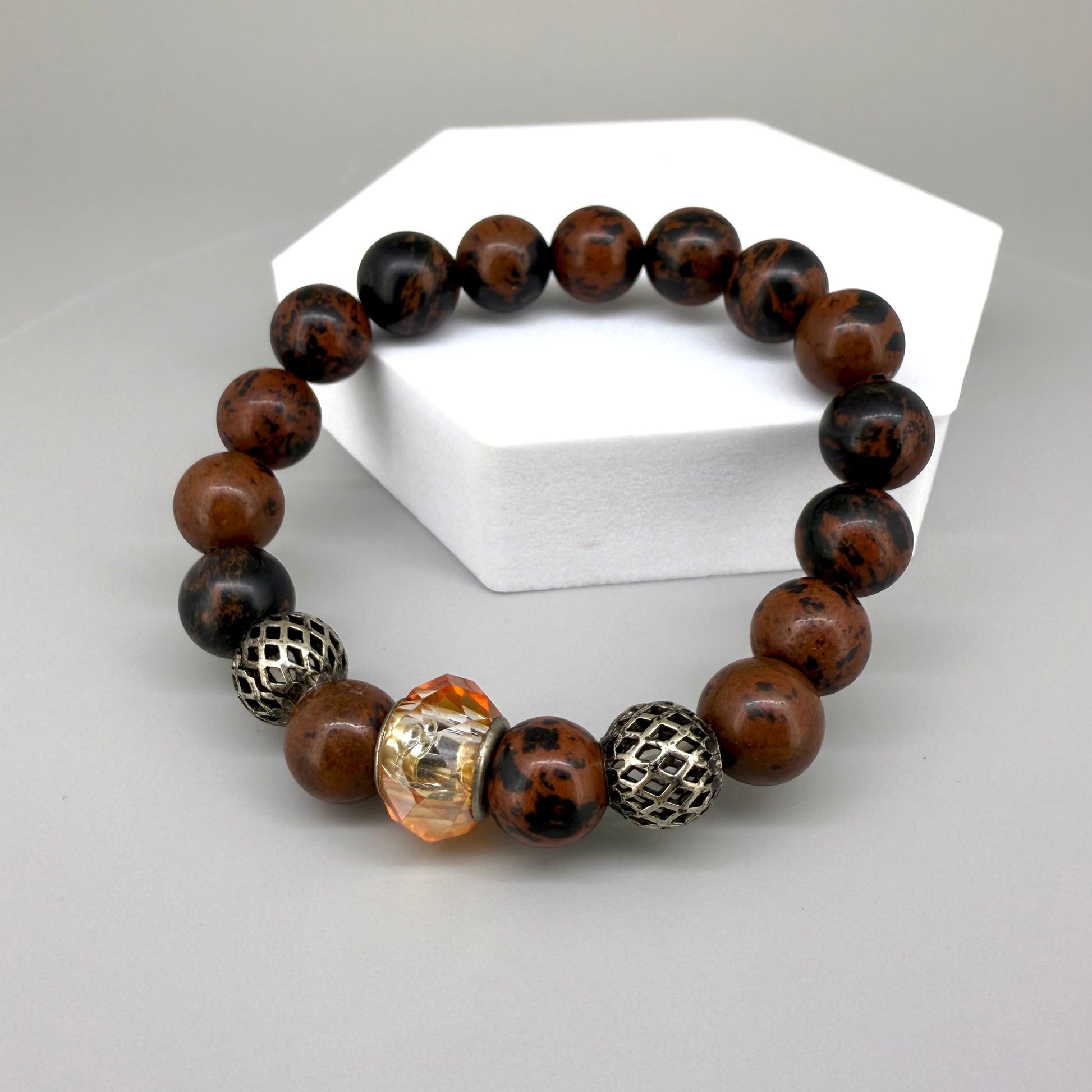 Mahogany obsidian beaded bracelet, 18cm, natural brown and black gemstone beads on elastic stretch band.