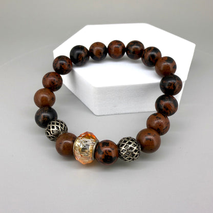 Mahogany obsidian beaded bracelet, 18cm, natural brown and black gemstone beads on elastic stretch band.