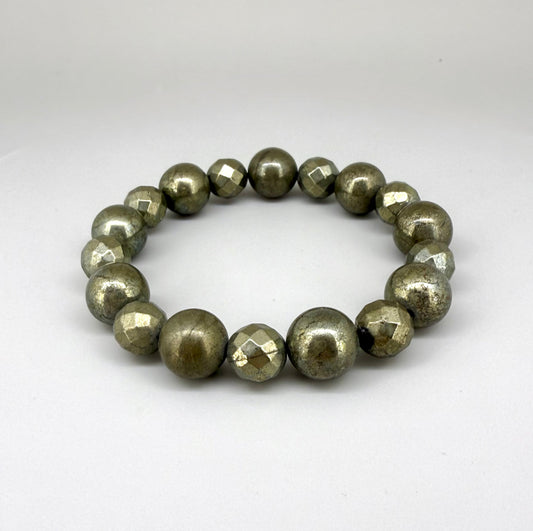 Pyrite beaded bracelet, 20cm, metallic golden-grey gemstone beads on elastic stretch band.
