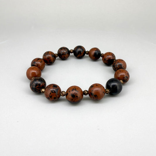 Mahogany obsidian beaded bracelet, 17cm, natural brown and black gemstone beads with small copper accents on elastic stretch band.