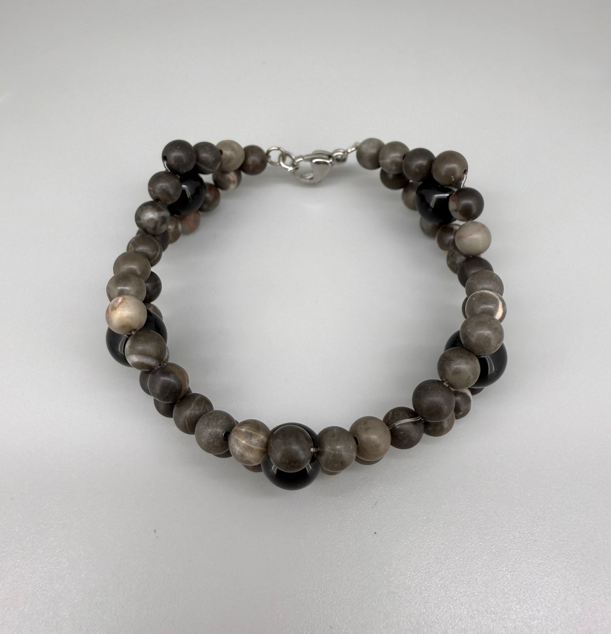 Jasper and onyx beaded bracelet, earthy brown and black natural gemstone beads with lobster claw clasp.