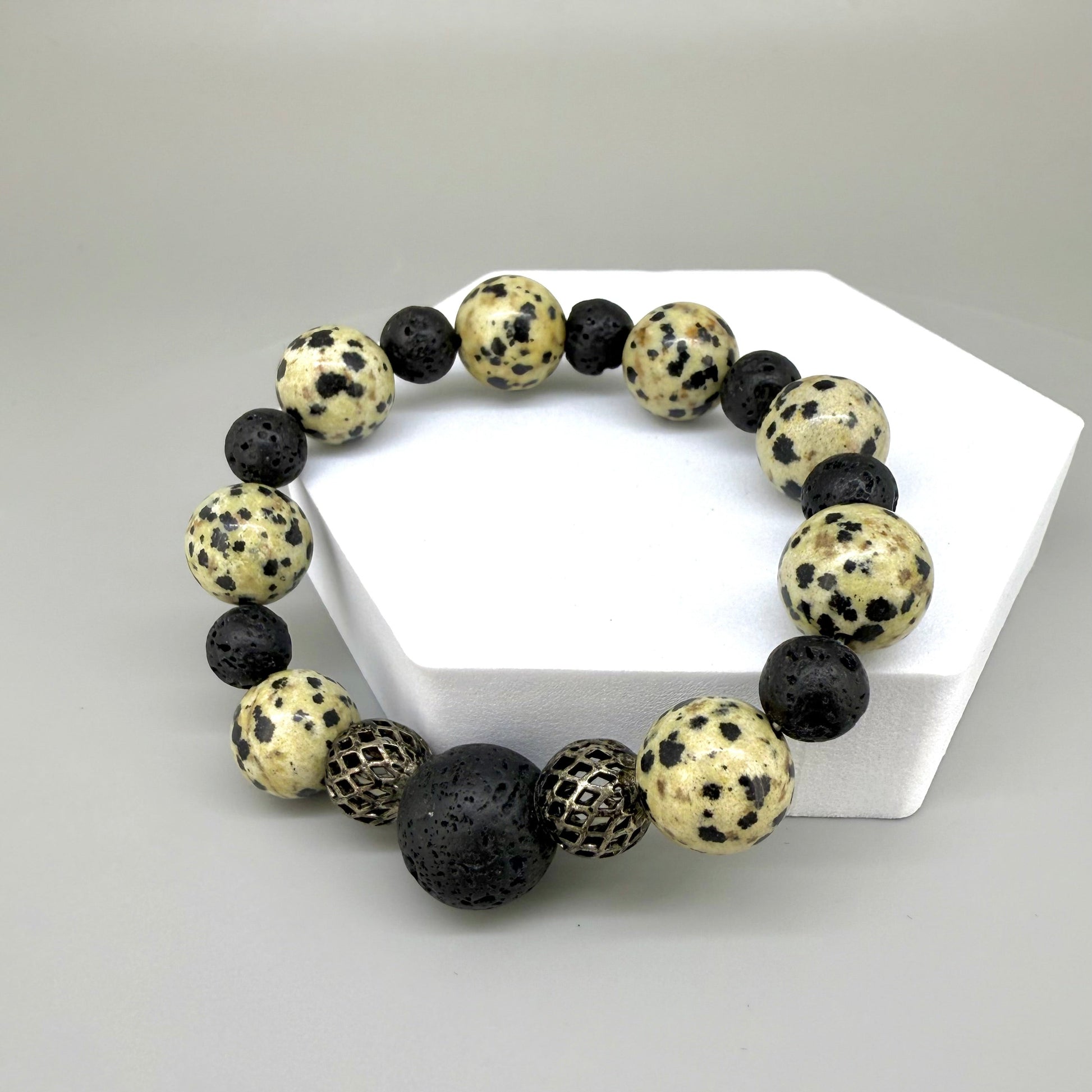Jasper and lava beaded bracelet, 18cm, natural earthy jasper and matte black lava stone beads on elastic stretch band.