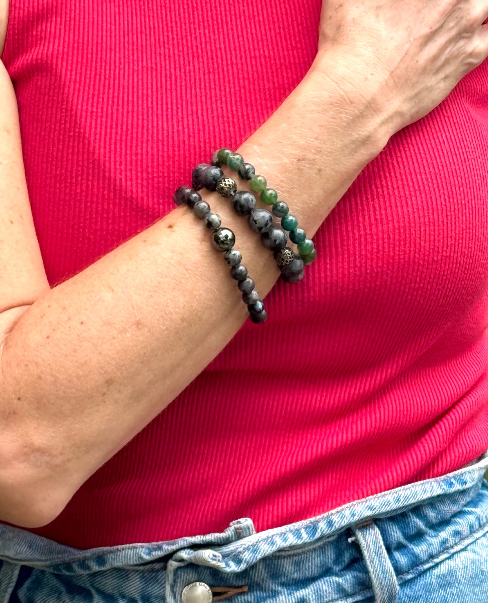 Handmade natural Labradorite beaded bracelet, with textured metal spacer beads on elastic band.