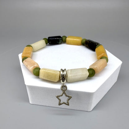 Jade beaded bracelet, 19cm, dark green, cream, and yellow baguette-style stones with round green beads and star charm on elastic stretch band.