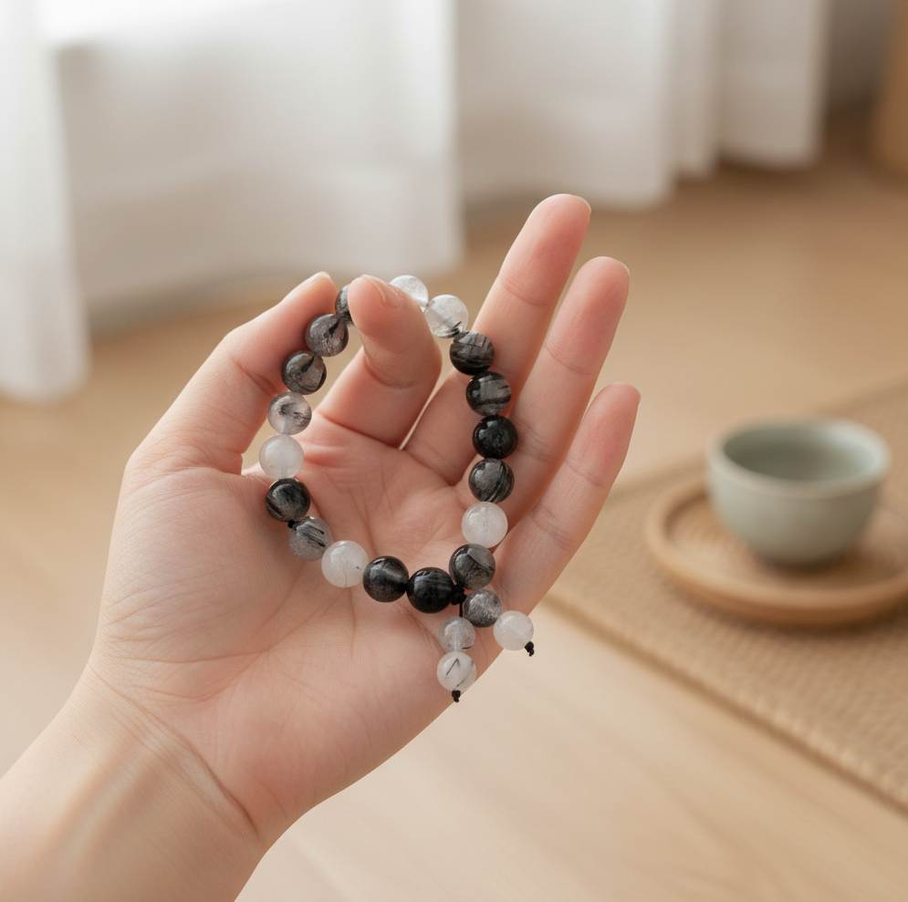 Rutilated quartz mala bracelet made from natural rutilated quartz beads, symbolizing clarity, focus, and inner direction.