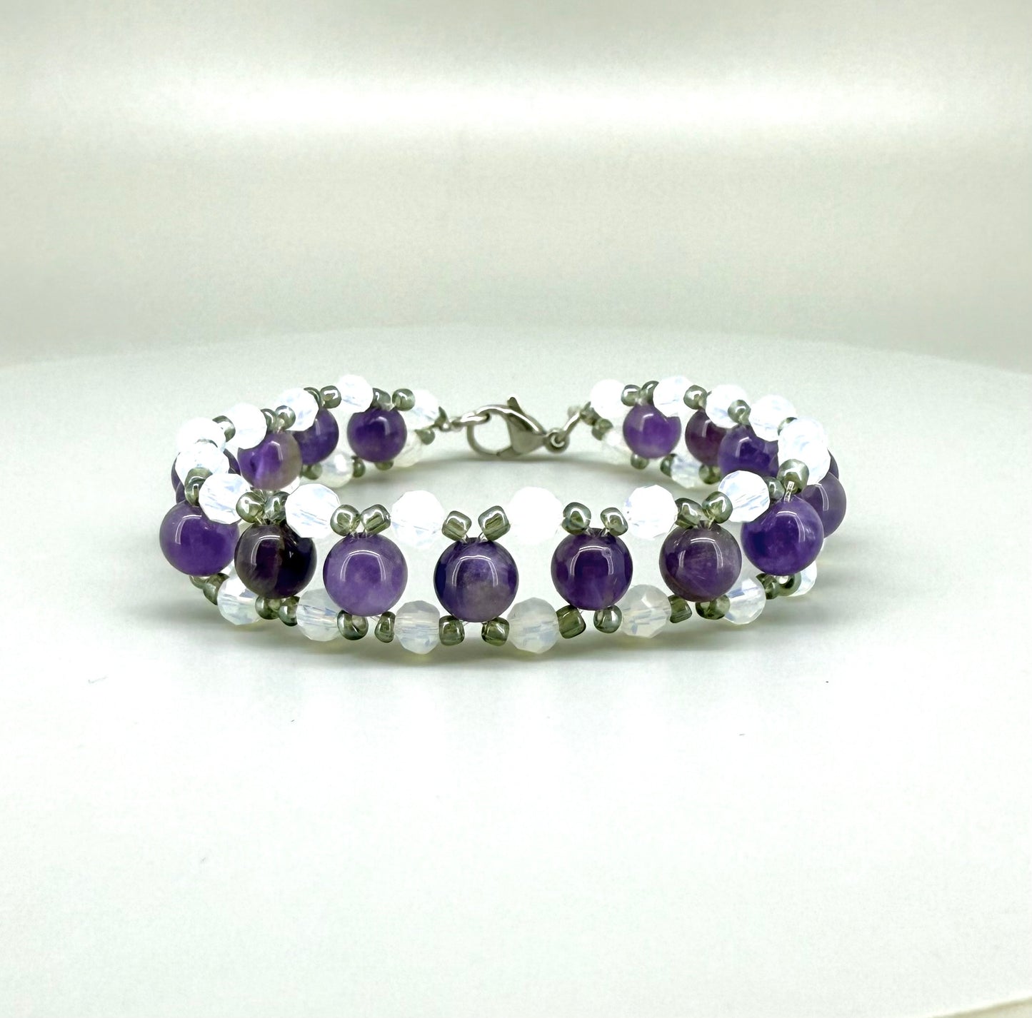 Natural Amethyst & Opal Beaded Bracelet with round polished gemstone beads, handmade gemstone jewelry