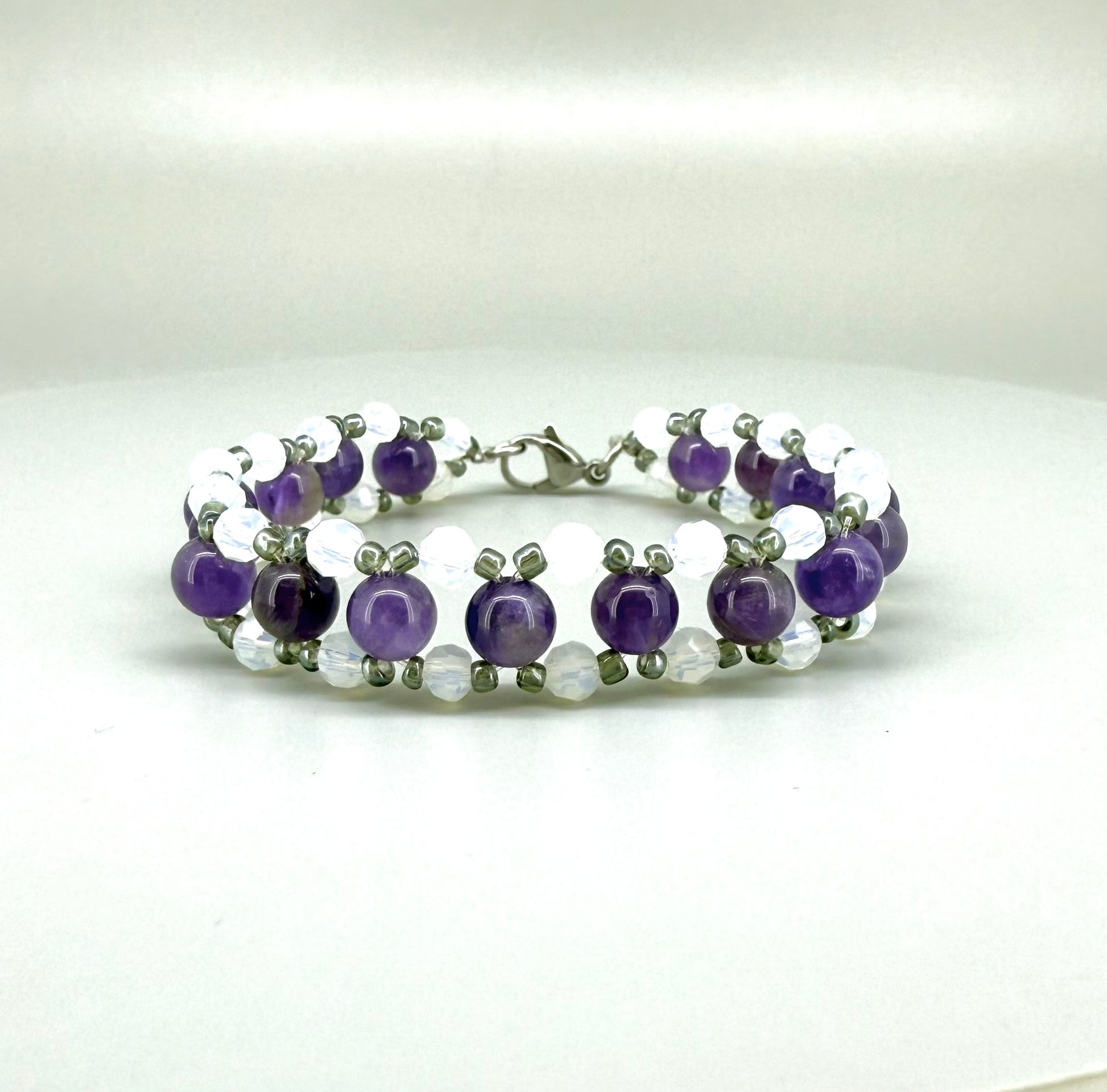 Natural Amethyst & Opal Beaded Bracelet with round polished gemstone beads, handmade gemstone jewelry