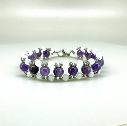 Natural Amethyst & Opal Beaded Bracelet with round polished gemstone beads, handmade gemstone jewelry