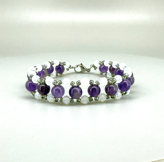 Natural Amethyst & Opal Beaded Bracelet with round polished gemstone beads, handmade gemstone jewelry