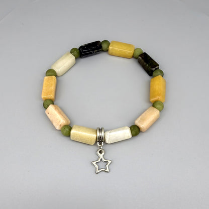 Jade beaded bracelet, 19cm, dark green, cream, and yellow baguette-style stones with round green beads and star charm on elastic stretch band.