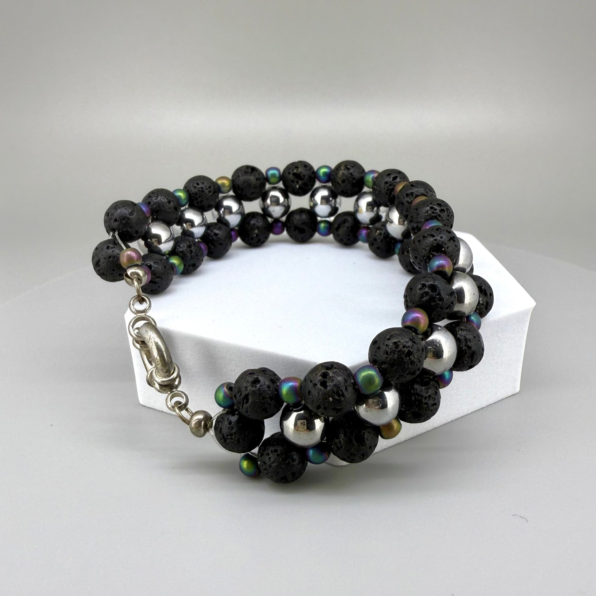 Lava and hematite beaded bracelet, natural matte black and metallic grey gemstone beads with spring ring clasp.