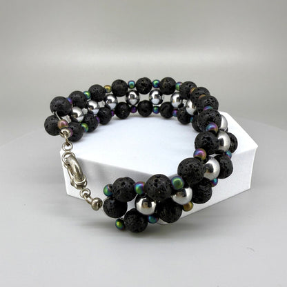 Lava and hematite beaded bracelet, natural matte black and metallic grey gemstone beads with spring ring clasp.