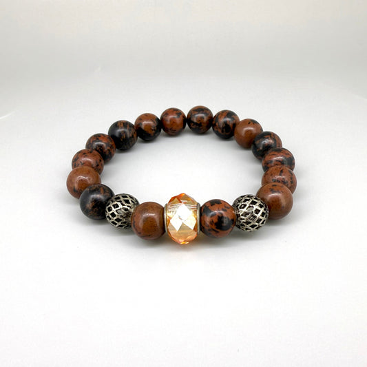 Mahogany obsidian beaded bracelet, 18cm, natural brown and black gemstone beads on elastic stretch band.