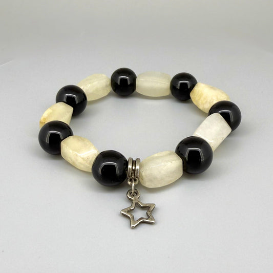 Jade and onyx beaded bracelet, 18cm, beige square jade stones with round black onyx beads and star charm on elastic stretch band.