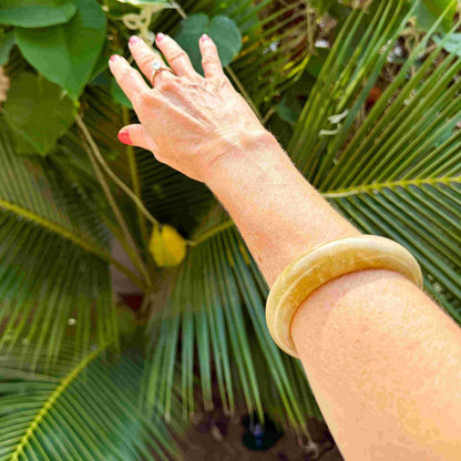 Polished jade bangle in soft earth tones with smooth surface and natural variations