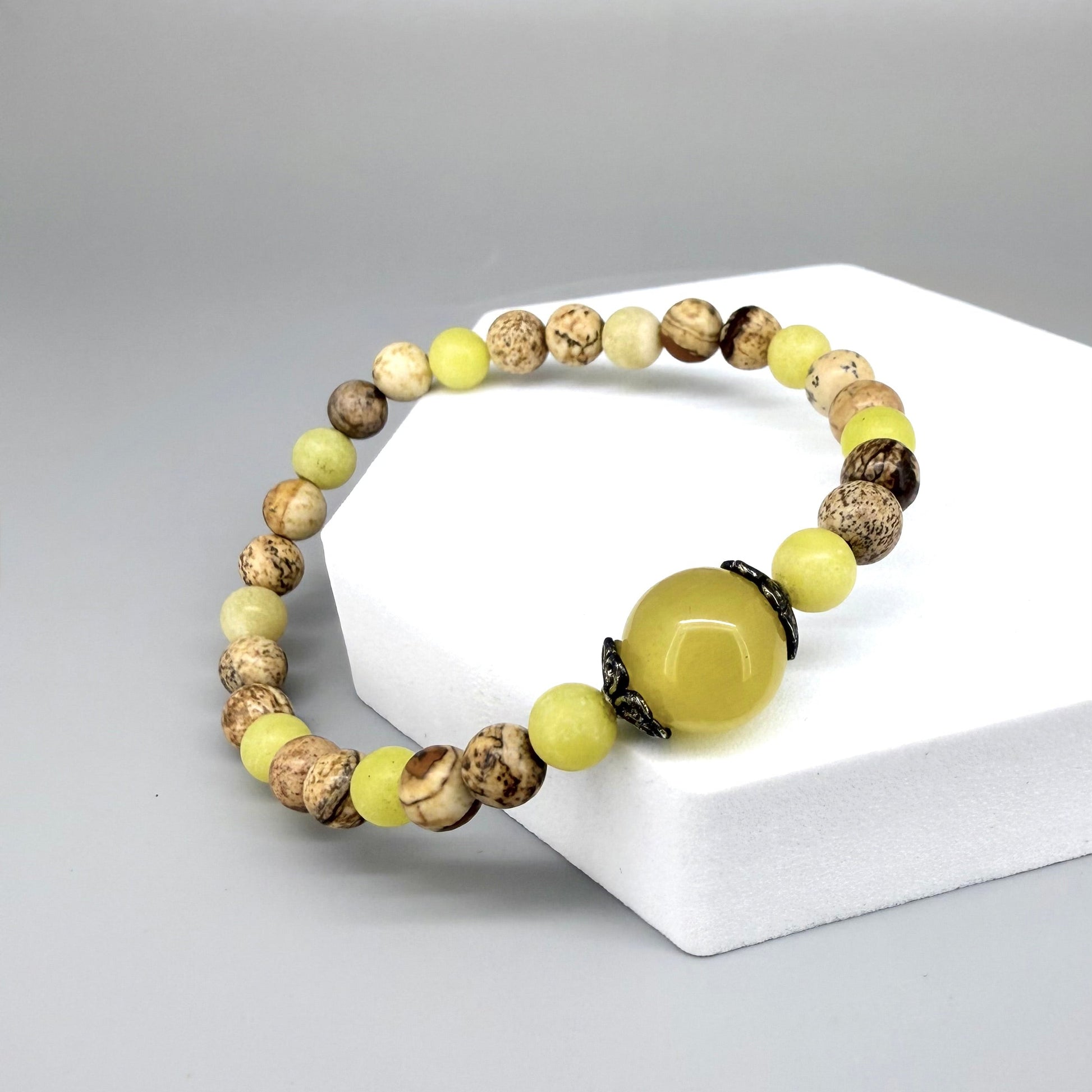 Jasper and jade beaded bracelet, natural beige-brown and yellow gemstone beads on elastic stretch band.