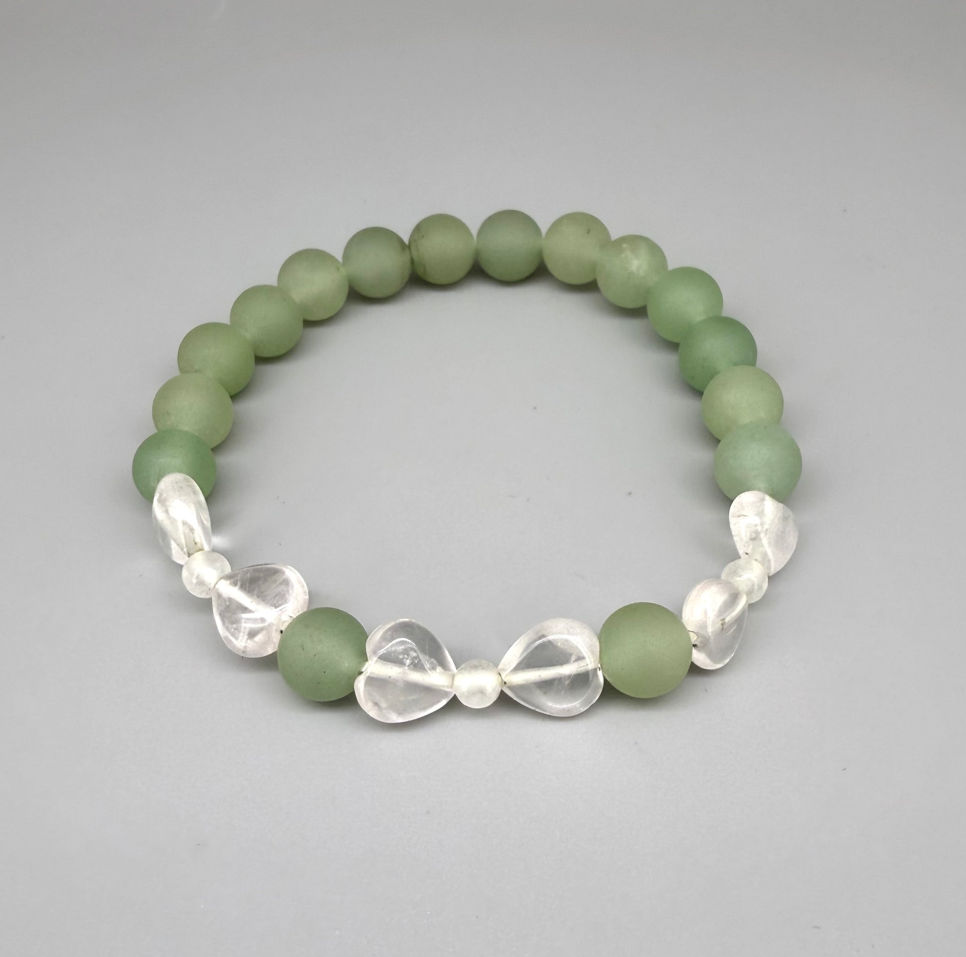 Aventurine and rose quartz beaded bracelet, 18cm, green gemstone beads with larger pink rose quartz accents on elastic stretch band.