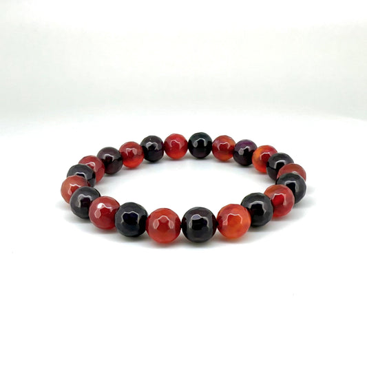 Agate beaded bracelet, natural red and black gemstone beads on elastic stretch band.