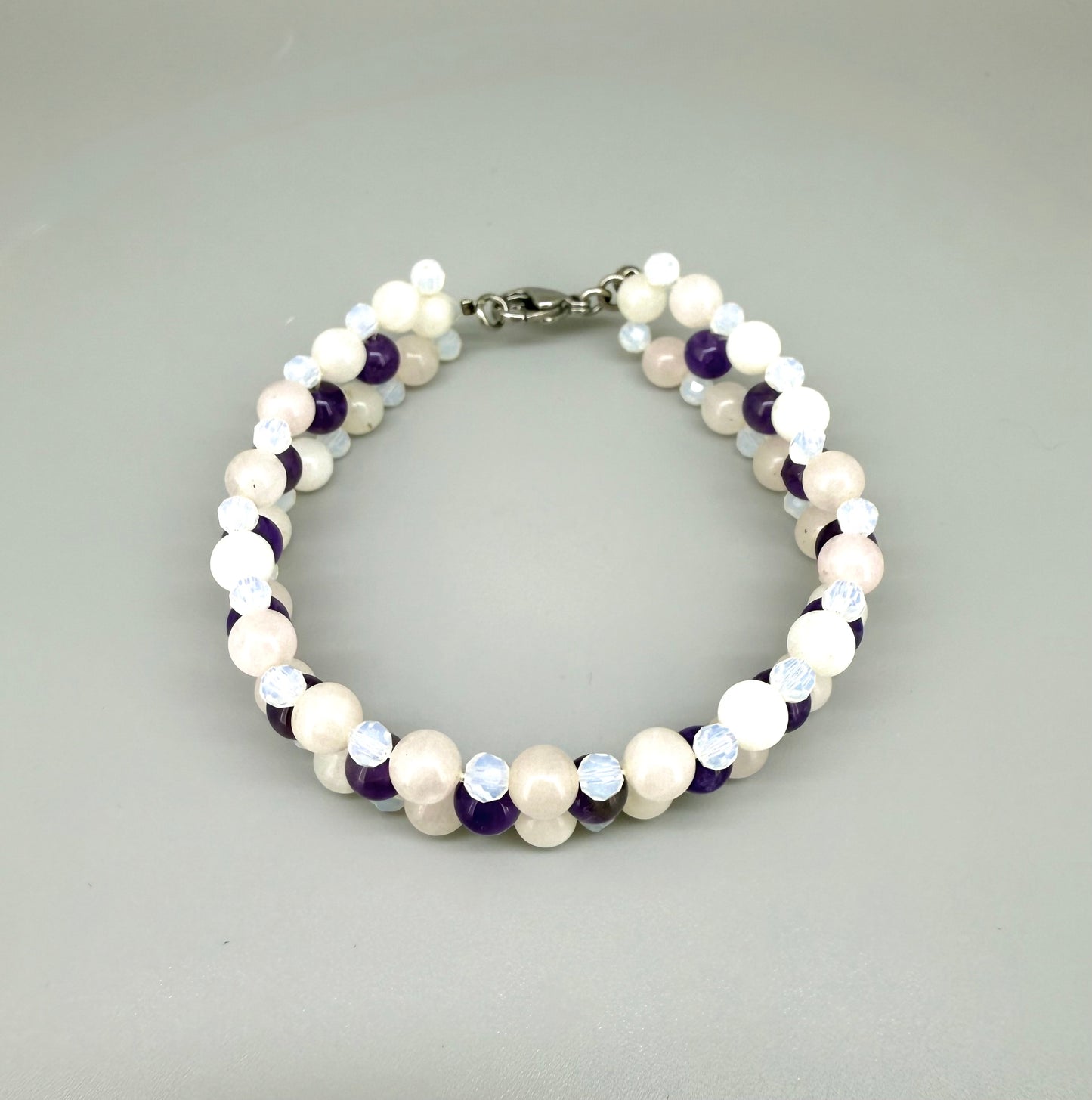 Natural Amethyst & Opal Beaded Bracelet with round polished gemstone beads, handmade gemstone jewelry