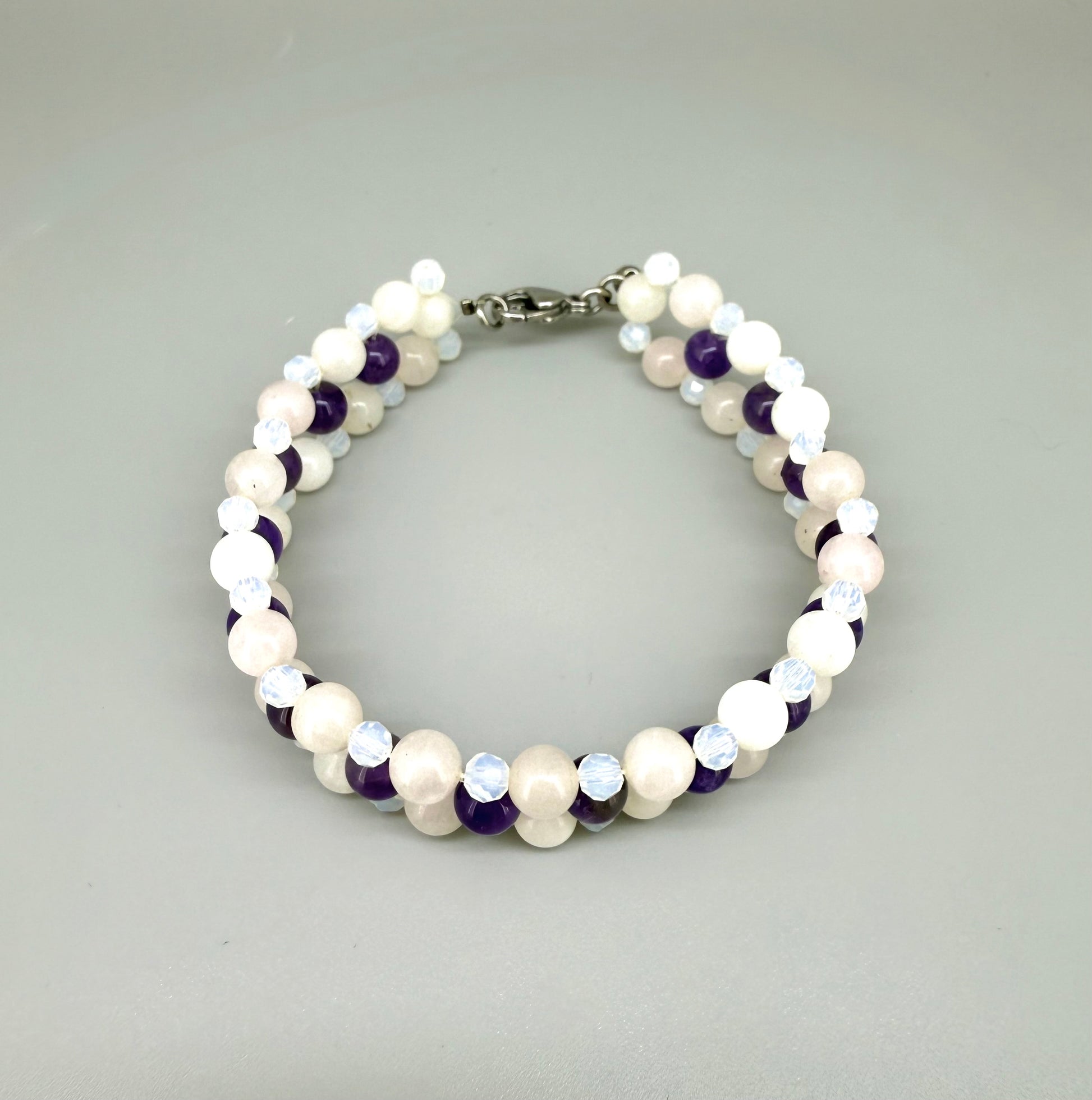 Natural Amethyst & Opal Beaded Bracelet with round polished gemstone beads, handmade gemstone jewelry