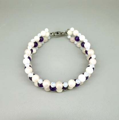 Natural Amethyst & Opal Beaded Bracelet with round polished gemstone beads, handmade gemstone jewelry