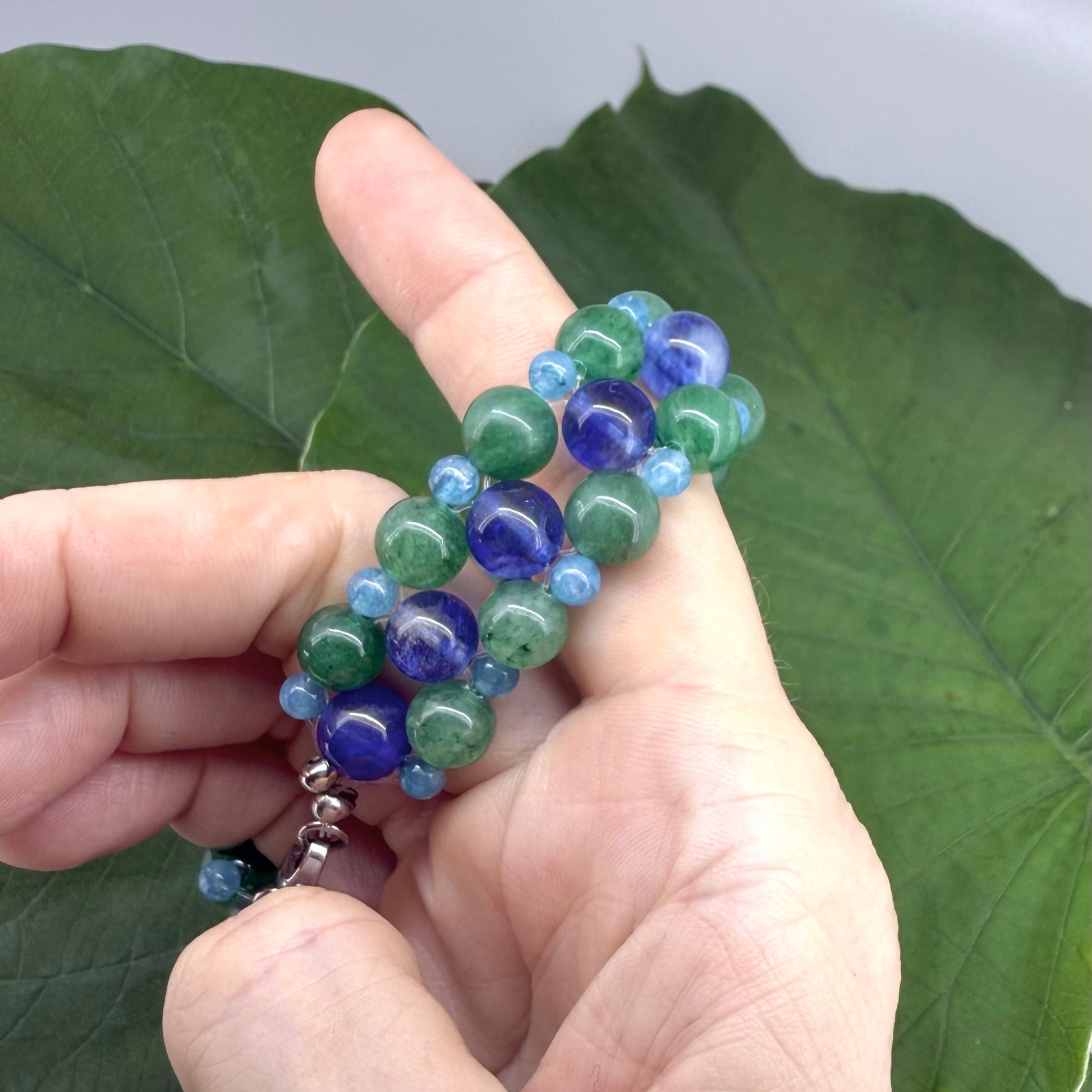 Natural aventurine and blue quartz beaded bracelet, natural green and light blue gemstone beads with lobster claw clasp.