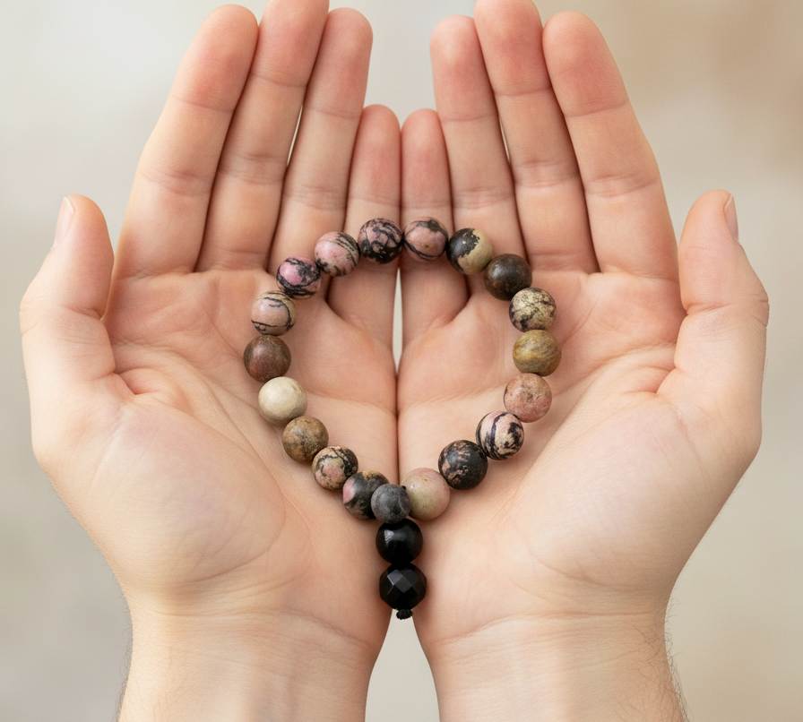 Rhodonite mala bracelet with natural pink gemstone beads and dark veining, featuring decorative charm detail.