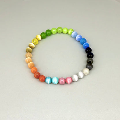 Cat’s Eye multicolor beaded bracelet, 18cm, natural gemstone beads with shimmering light effect on elastic stretch band.
