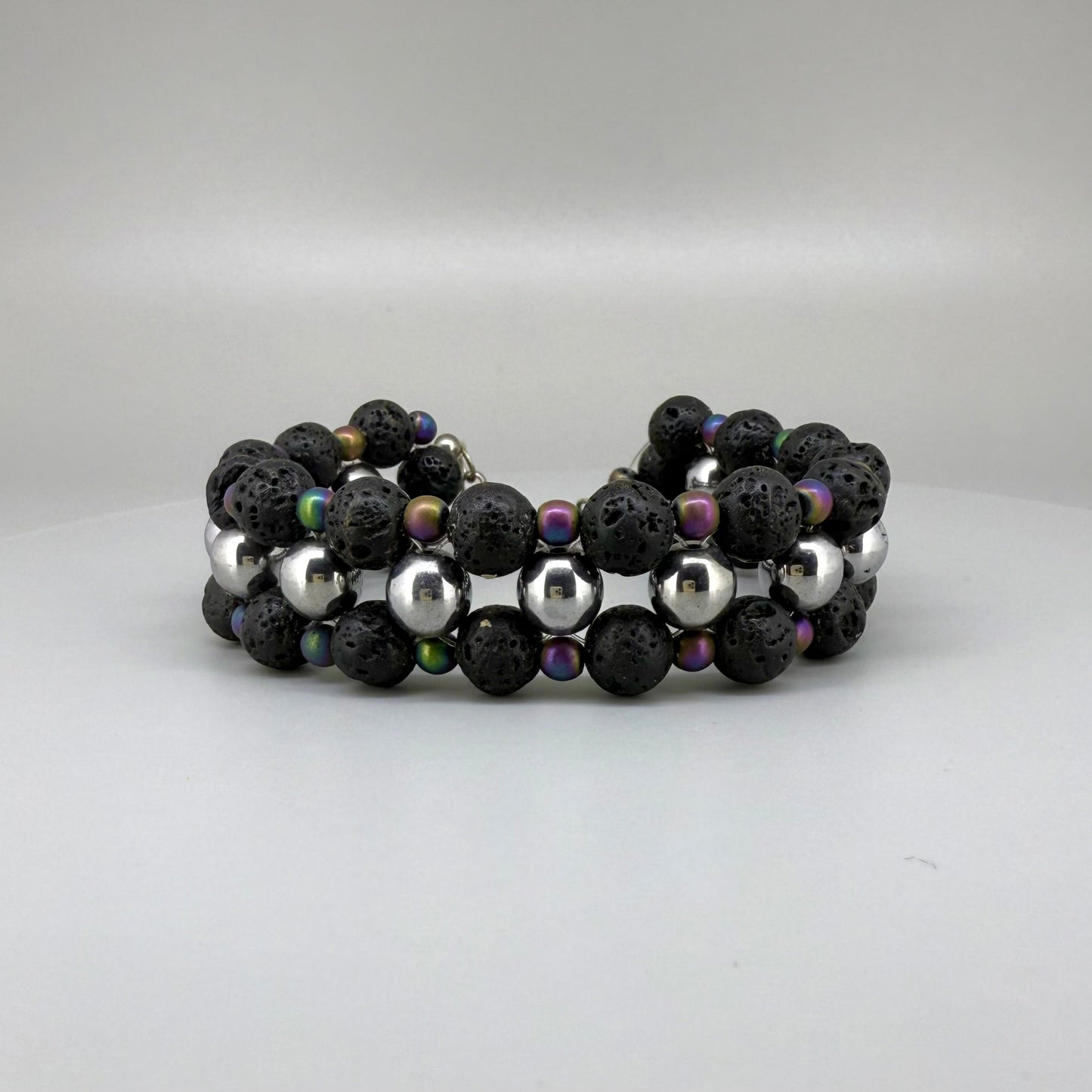 Lava and hematite beaded bracelet, natural matte black and metallic grey gemstone beads with spring ring clasp.