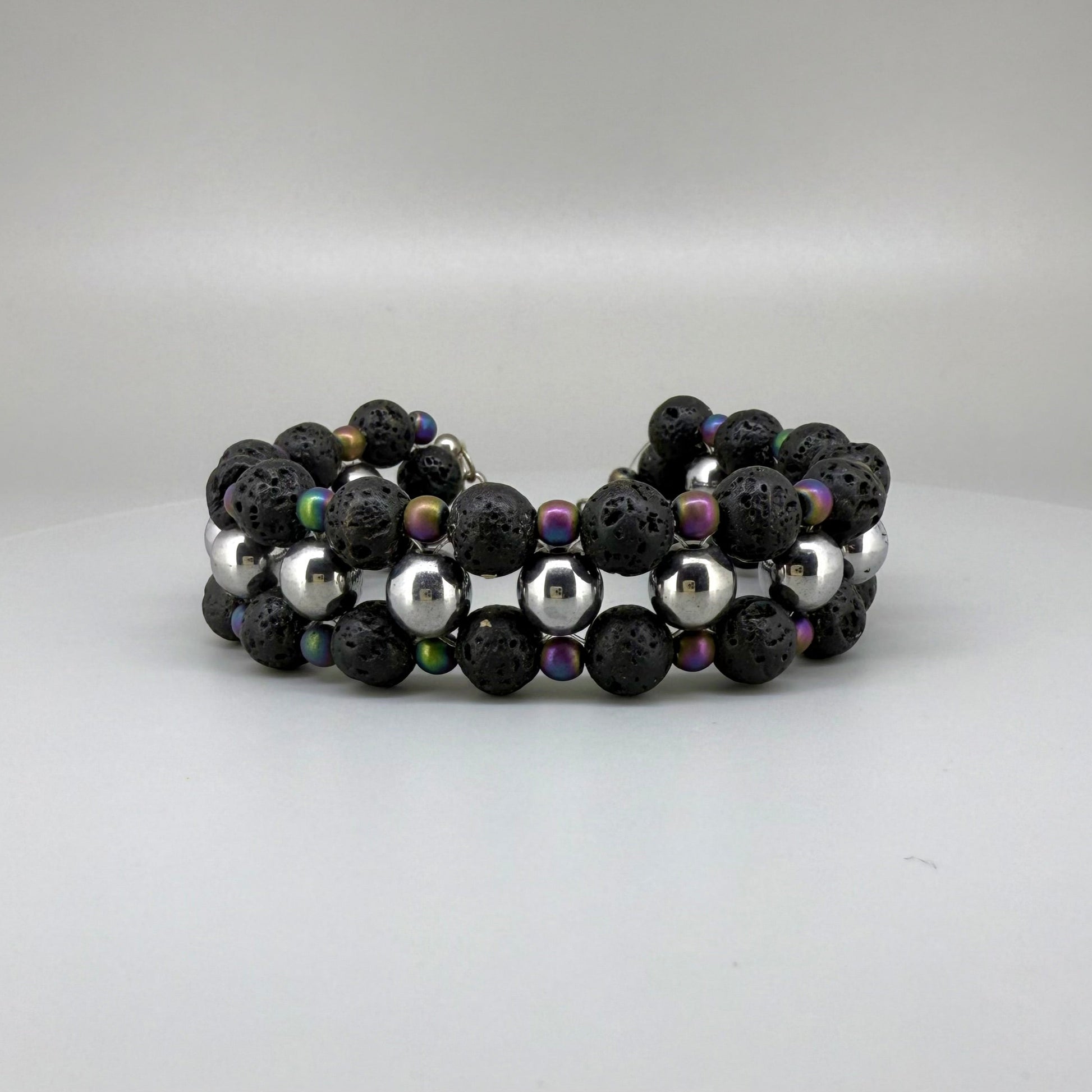 Lava and hematite beaded bracelet, natural matte black and metallic grey gemstone beads with spring ring clasp.