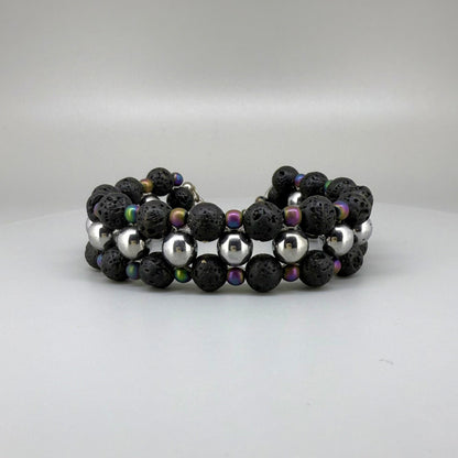 Lava and hematite beaded bracelet, natural matte black and metallic grey gemstone beads with spring ring clasp.