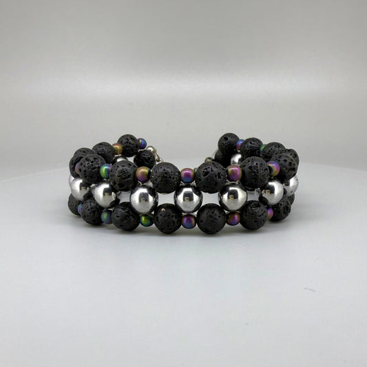 Lava and hematite beaded bracelet, natural matte black and metallic grey gemstone beads with spring ring clasp.