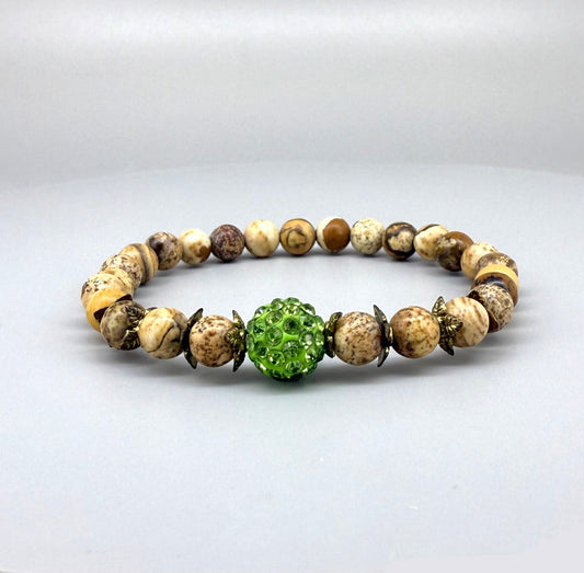 Jasper beaded bracelet, natural gemstone beads in light earthy tones on elastic stretch band.