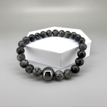 Labradorite beaded bracelet, 20cm, natural grey to black gemstone beads with subtle flashes on elastic stretch band.