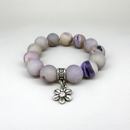 Agate druzy beaded bracelet, 17cm, natural violet gemstone beads with sparkling druzy texture on elastic stretch band.