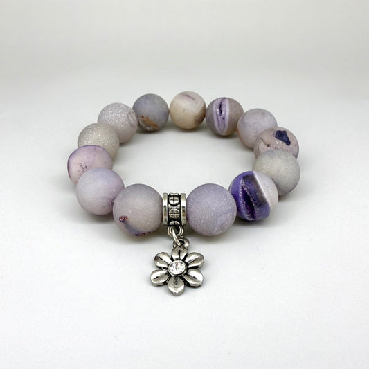 Agate druzy beaded bracelet, 17cm, natural violet gemstone beads with sparkling druzy texture on elastic stretch band.