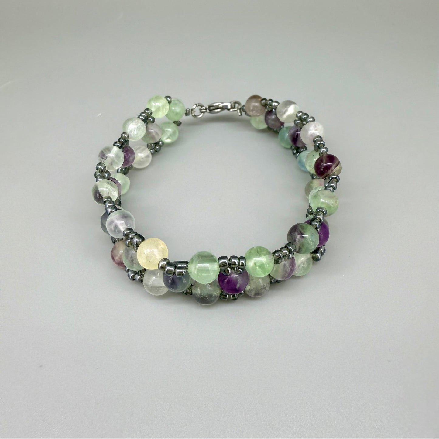Fluorite beaded bracelet, multi pastel hues, natural gemstone beads with toggle clasp.