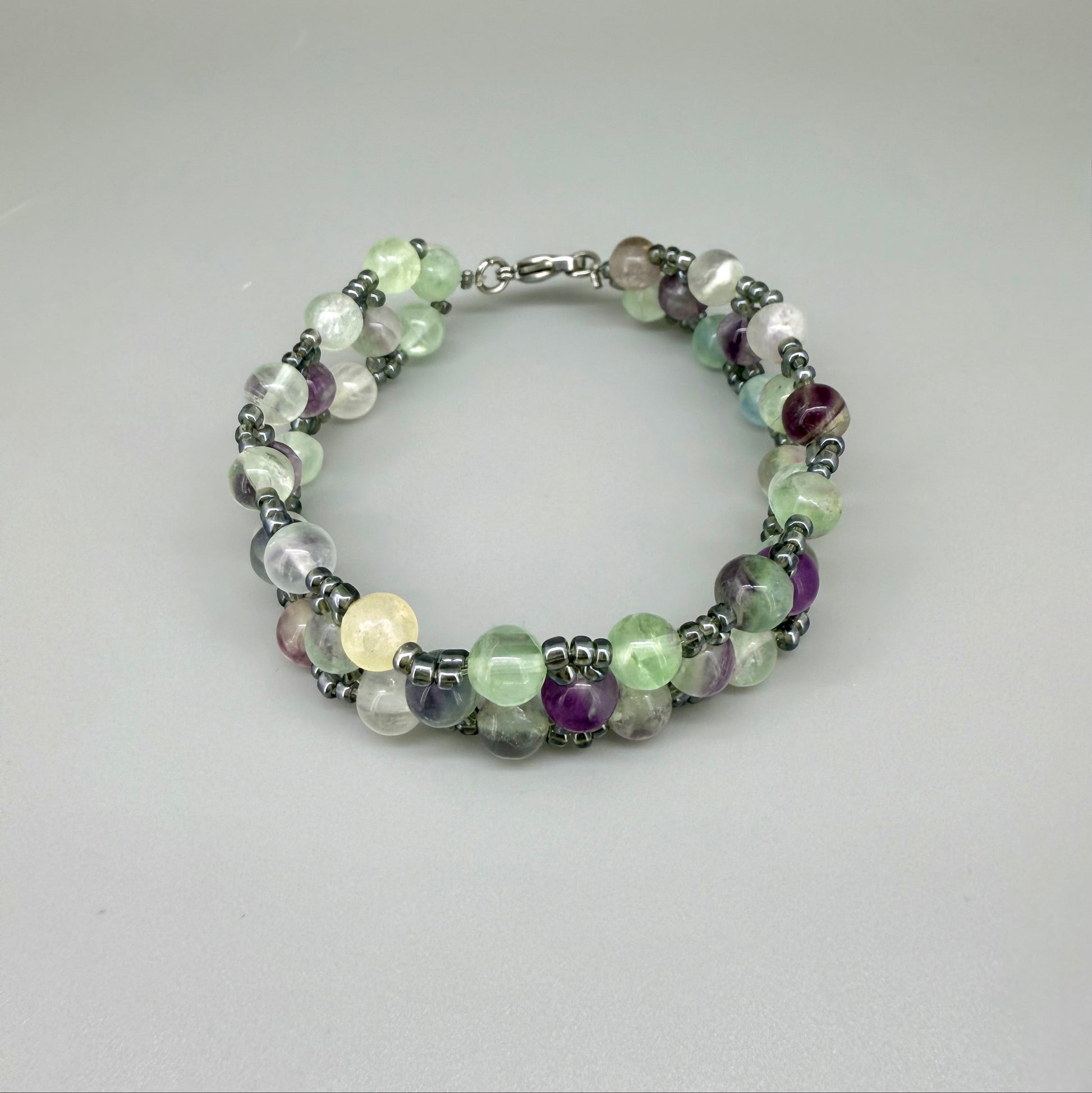 Fluorite beaded bracelet, multi pastel hues, natural gemstone beads with toggle clasp.